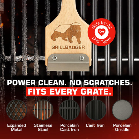 GRILLBADGER wooden grill brush eliminates plastic or metal in your cleanup kit.