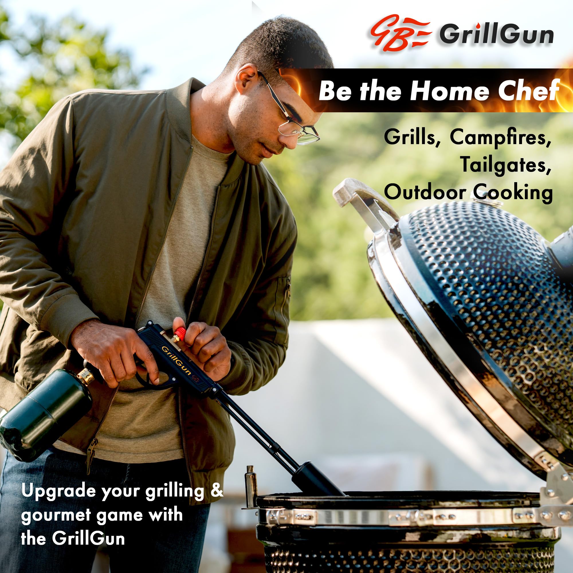 GRILLBLAZER GrillGun stand-use setup with portable torch on stand.