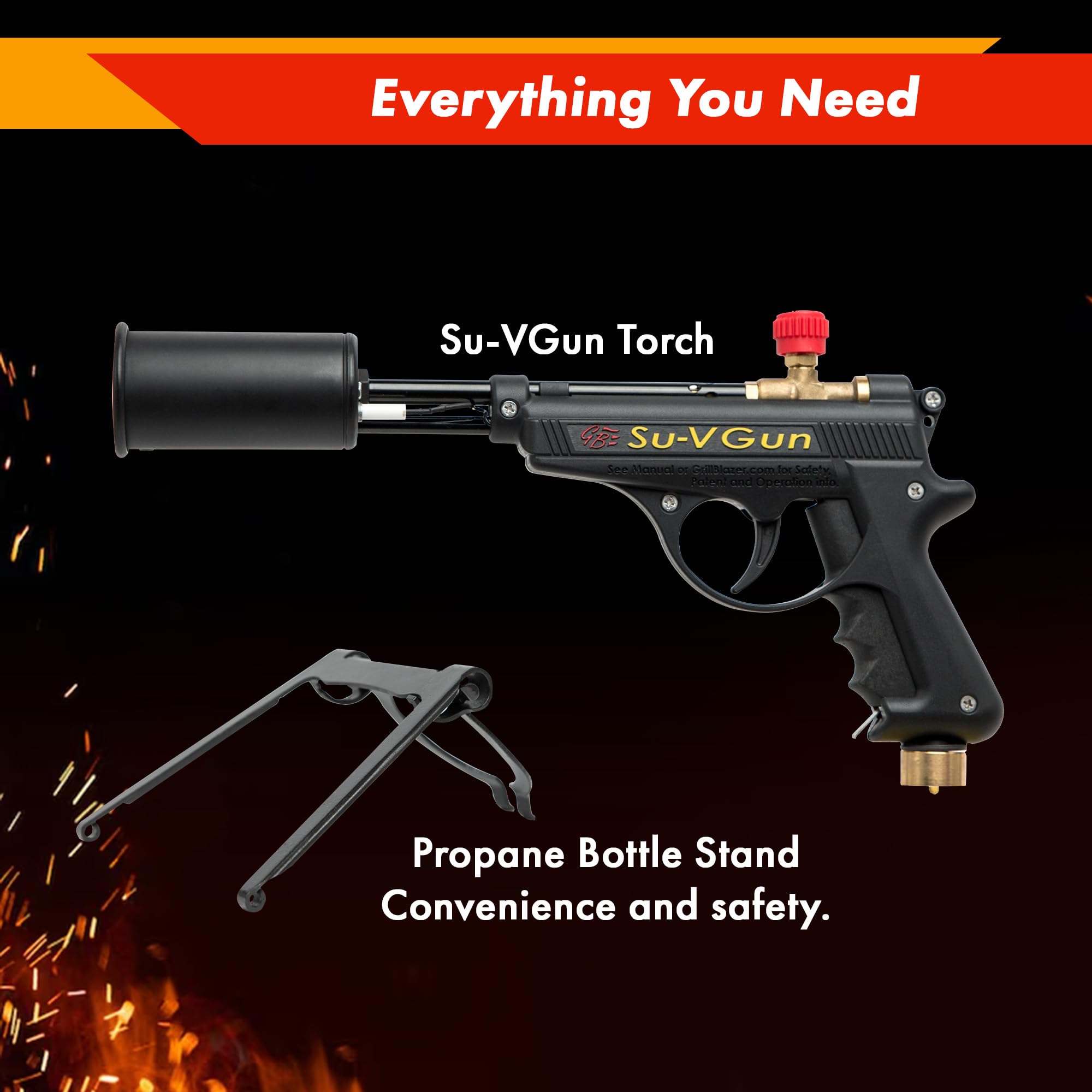 GRILLBLAZER Su-VGun compatible with optional hose for extended fuel supply.