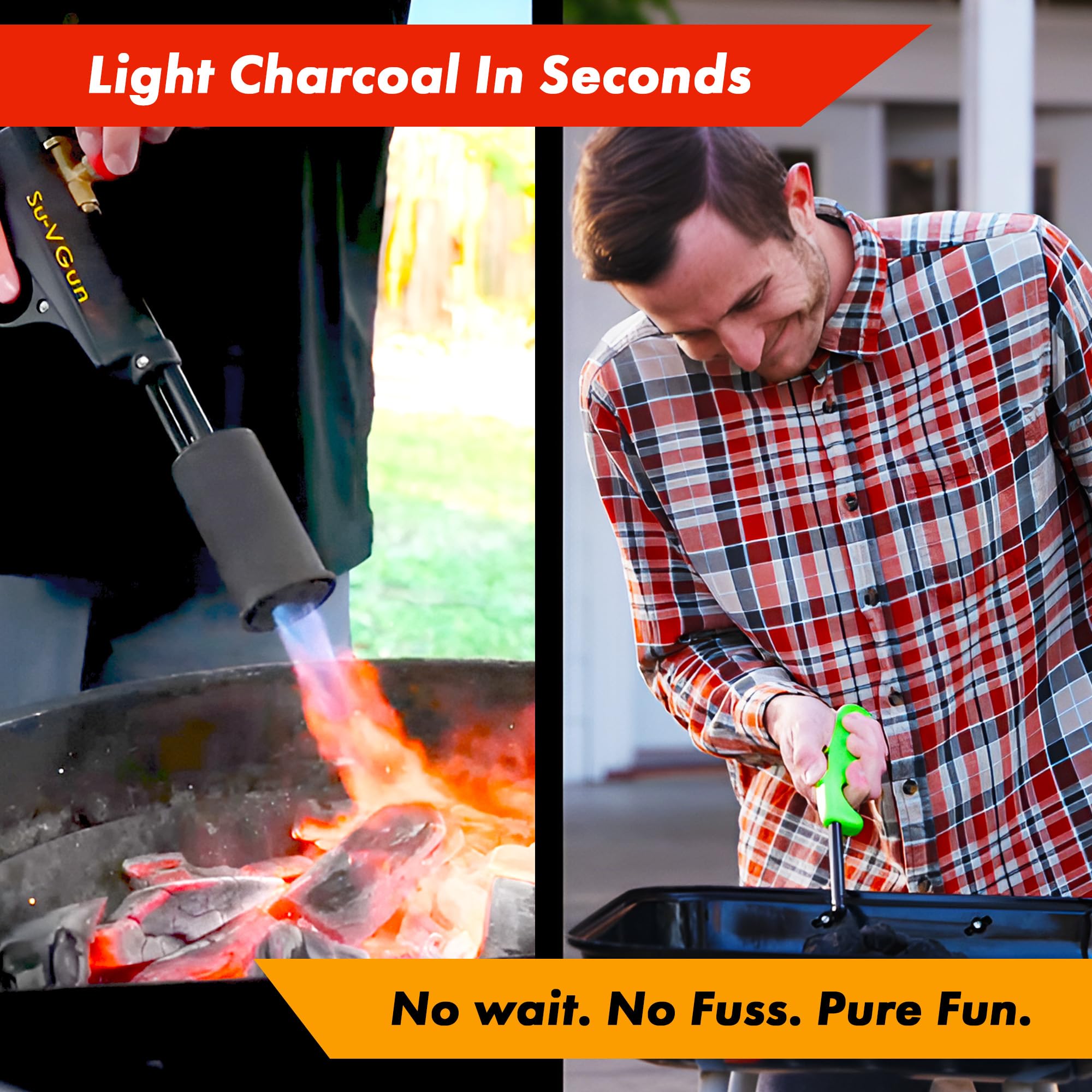 GRILLBLAZER Su-VGun quickly ignites charcoal for fast grilling.