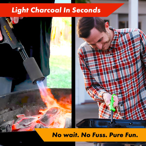 GRILLBLAZER Su-VGun quickly ignites charcoal for fast grilling.