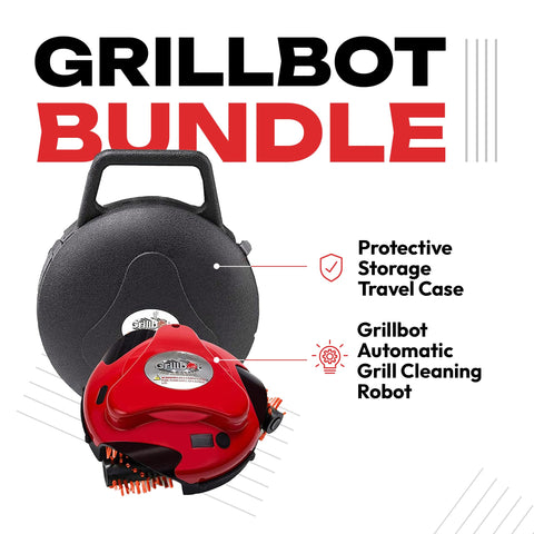 Grillbot nylon brushes in action scrubbing stubborn grease on outdoor grill grates.