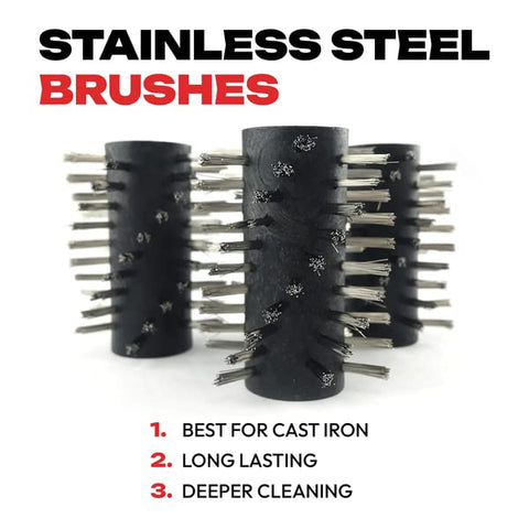 Grillbot stainless brush for cast iron grills delivers thorough cleaning.
