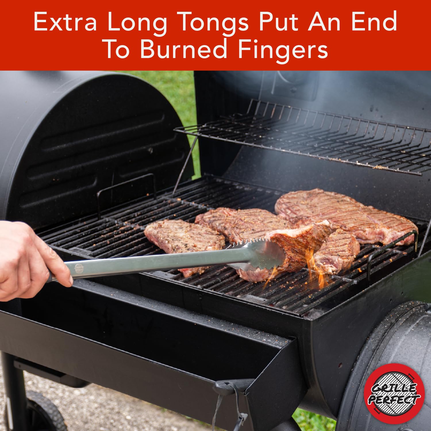 Grille Perfect tongs showing dual-sided teeth for secure grabs