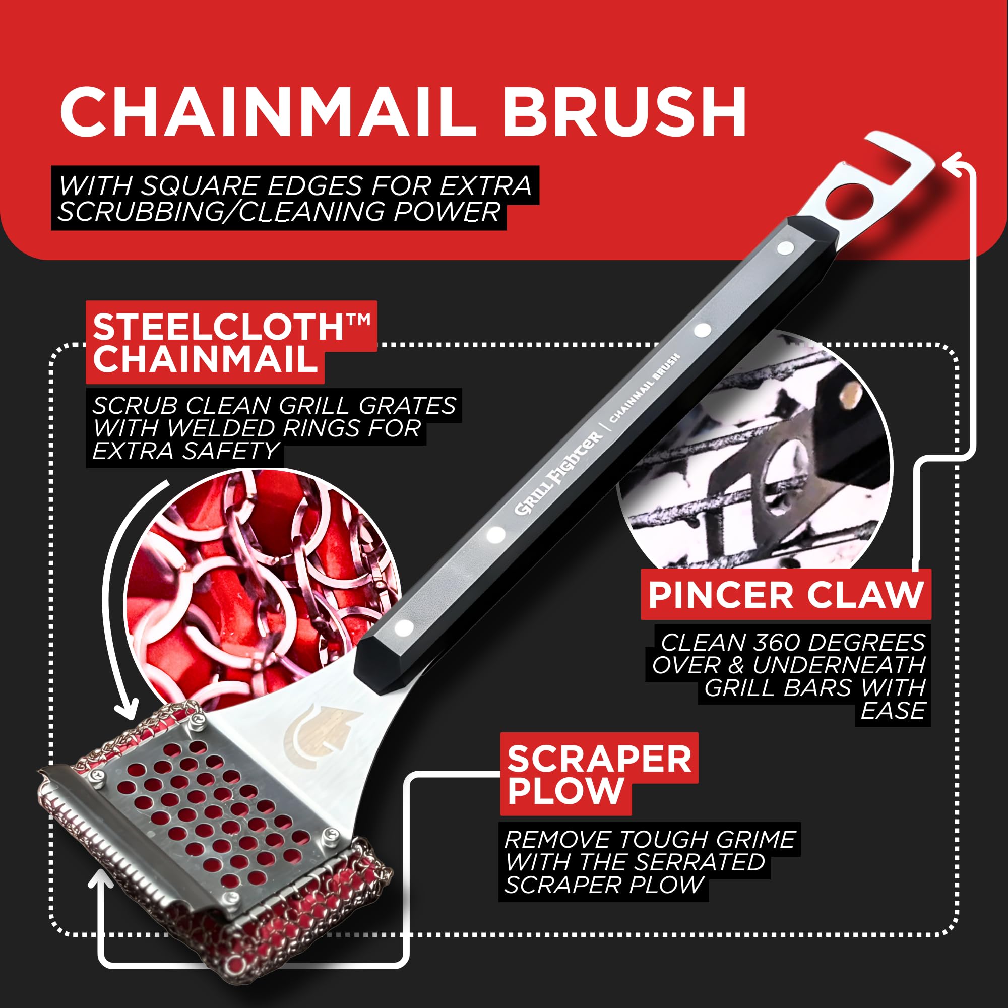 GrillFighter integrated scraping edge highlights effective removal of heavy residue on grills.