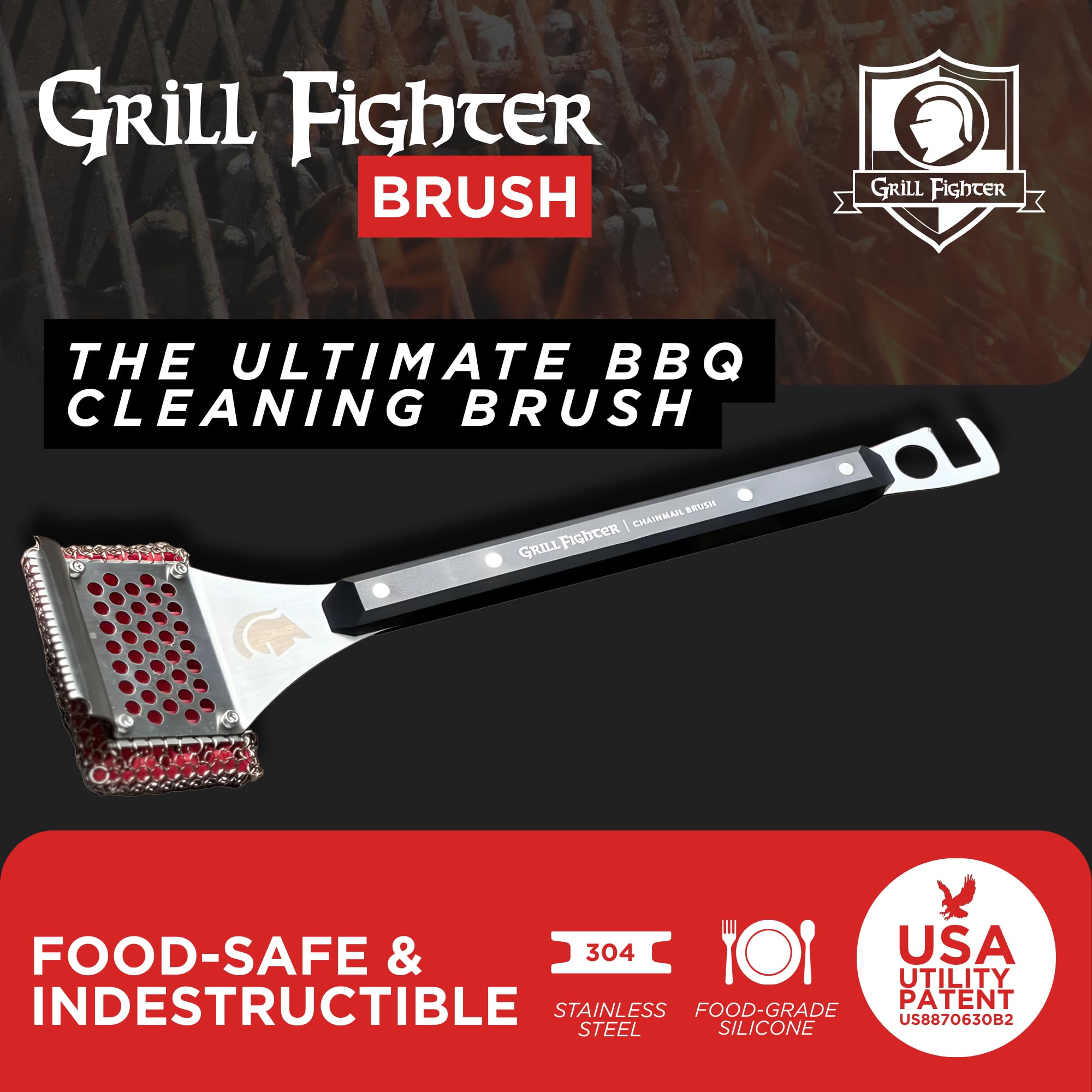 GrillFighter SteelCloth chainmail close-up demonstrates enhanced contact across grate surfaces for thorough cleaning.