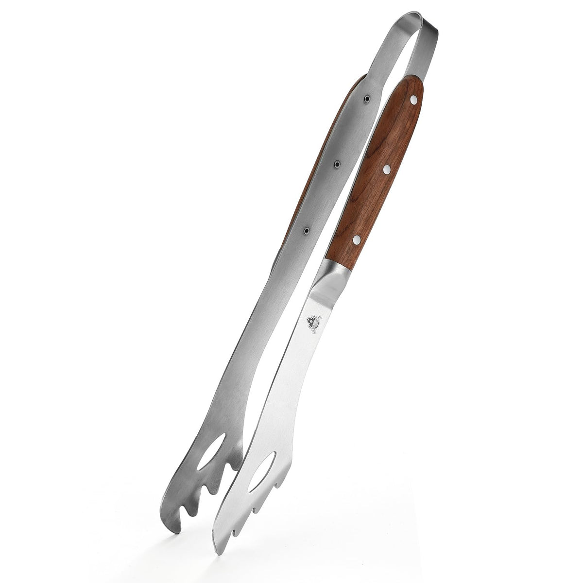 GRILLGEN heavy-duty rosewood-handle tongs offer secure grip for flipping burgers