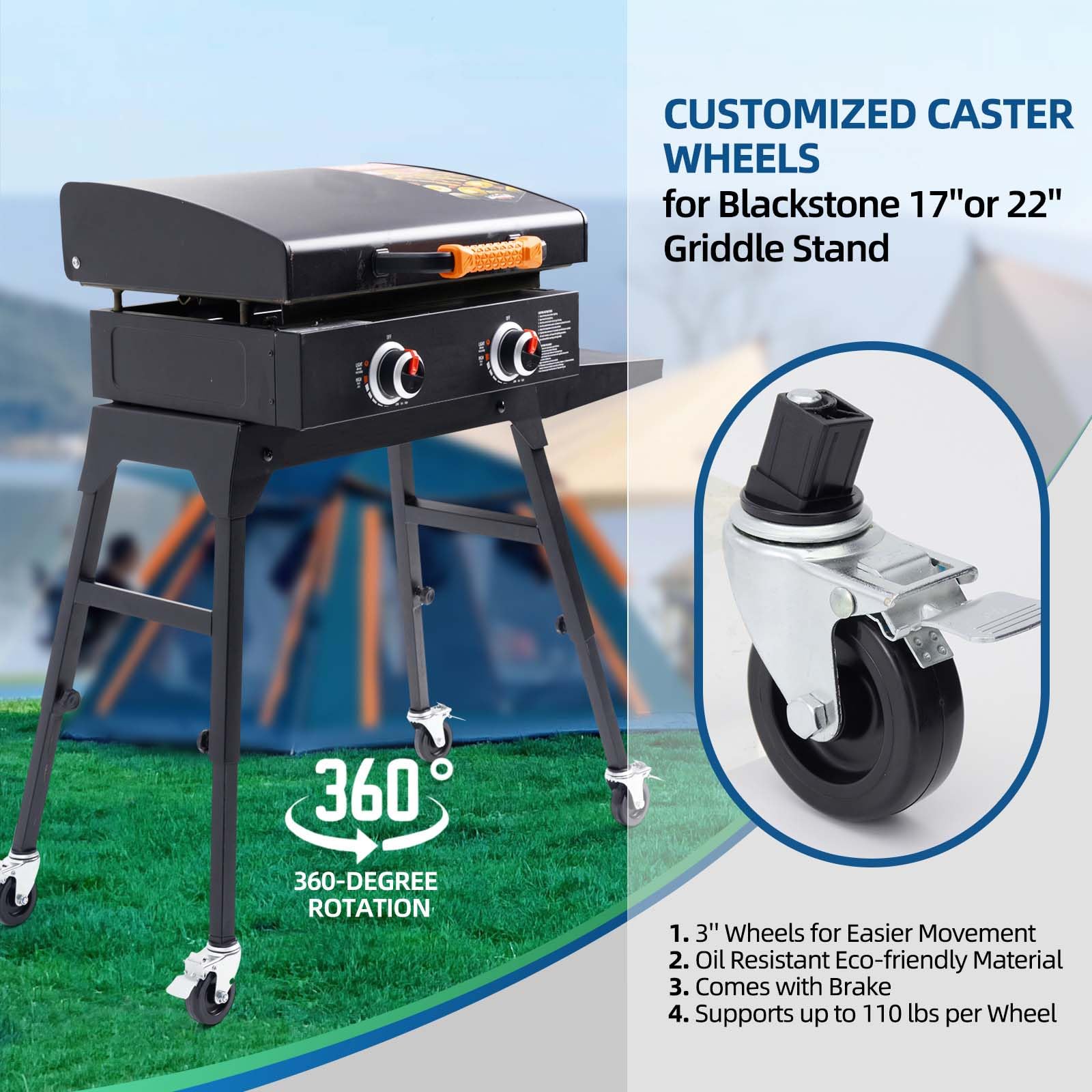 GRILLHOME 3-inch caster wheels with brake top view secure locking during cooking safety.