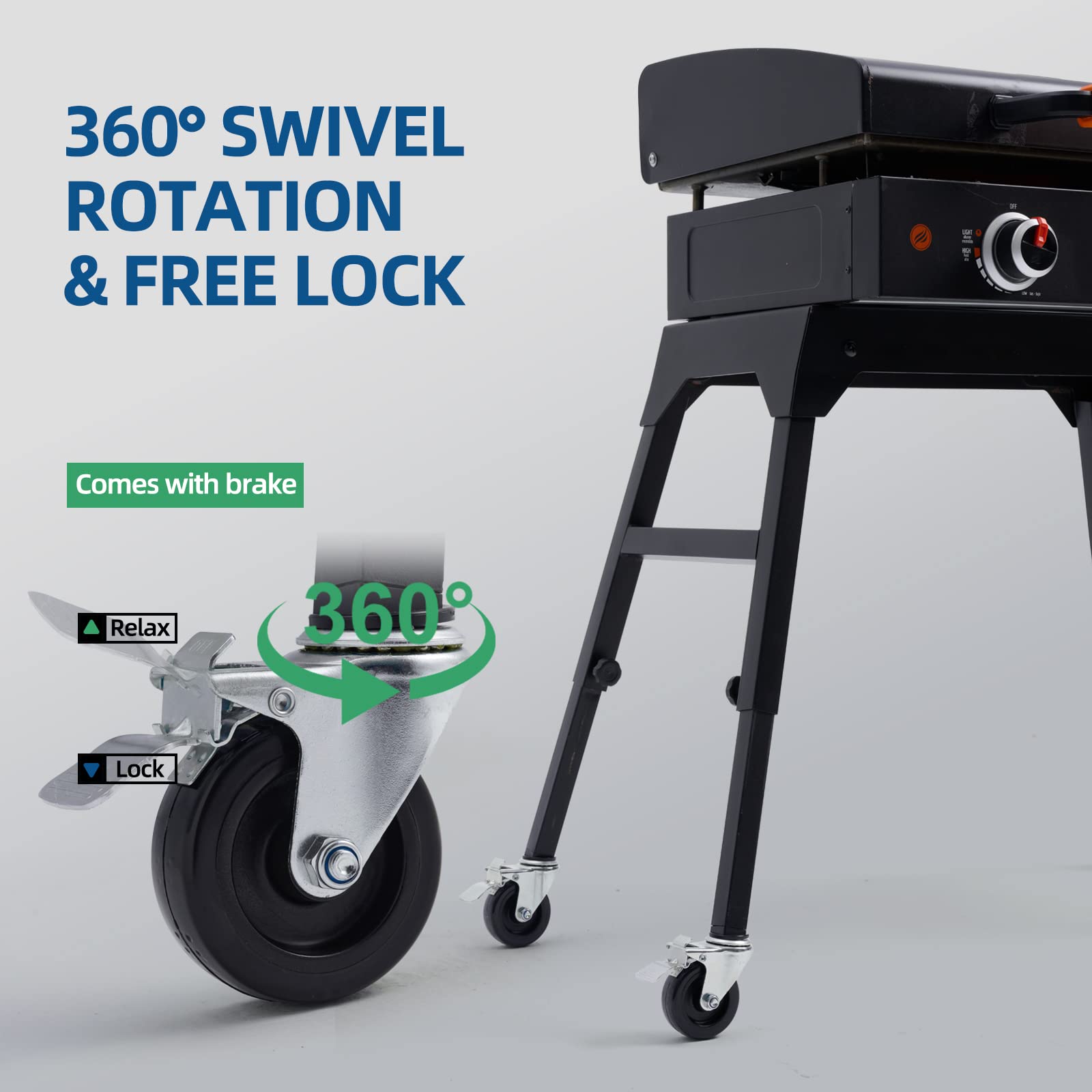 GRILLHOME heavy-duty nylon wheels rear view resist wear and corrosion on various surfaces.