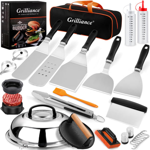 Grilliance extrawide burger spatula for flipping large patties on flat-top grills.
