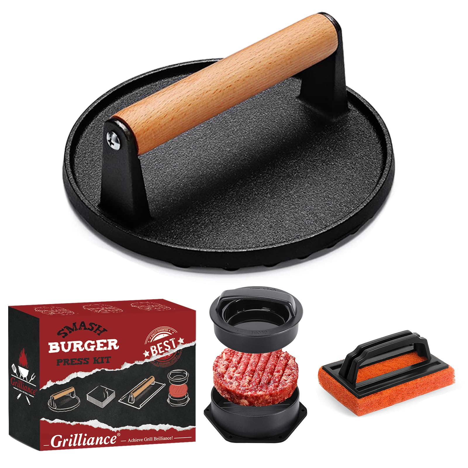 Grilliance round cast-iron burger press for even patties and juicy results.