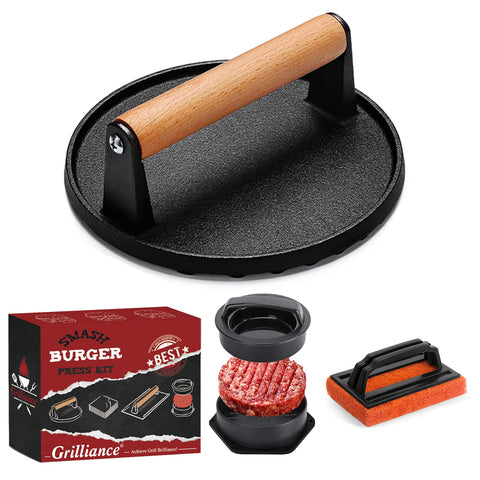 Grilliance round cast-iron burger press for even patties and juicy results.