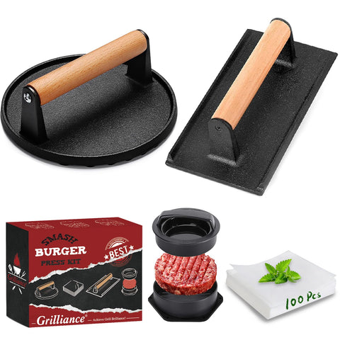 Grilliance round cast iron burger press for even patties and crispy edges