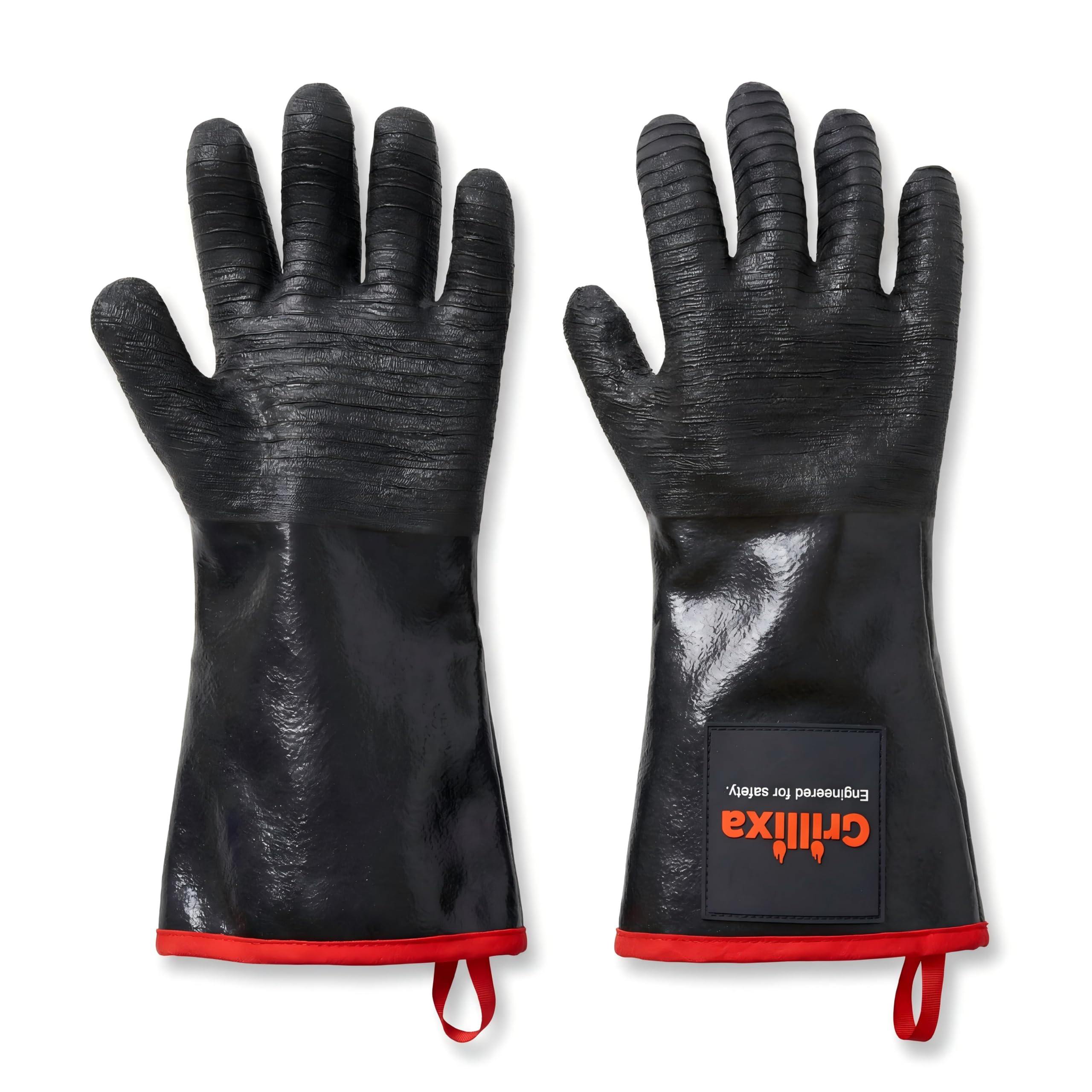 Grillixa 932°F gloves demonstrating heat resistance for high-heat grilling.