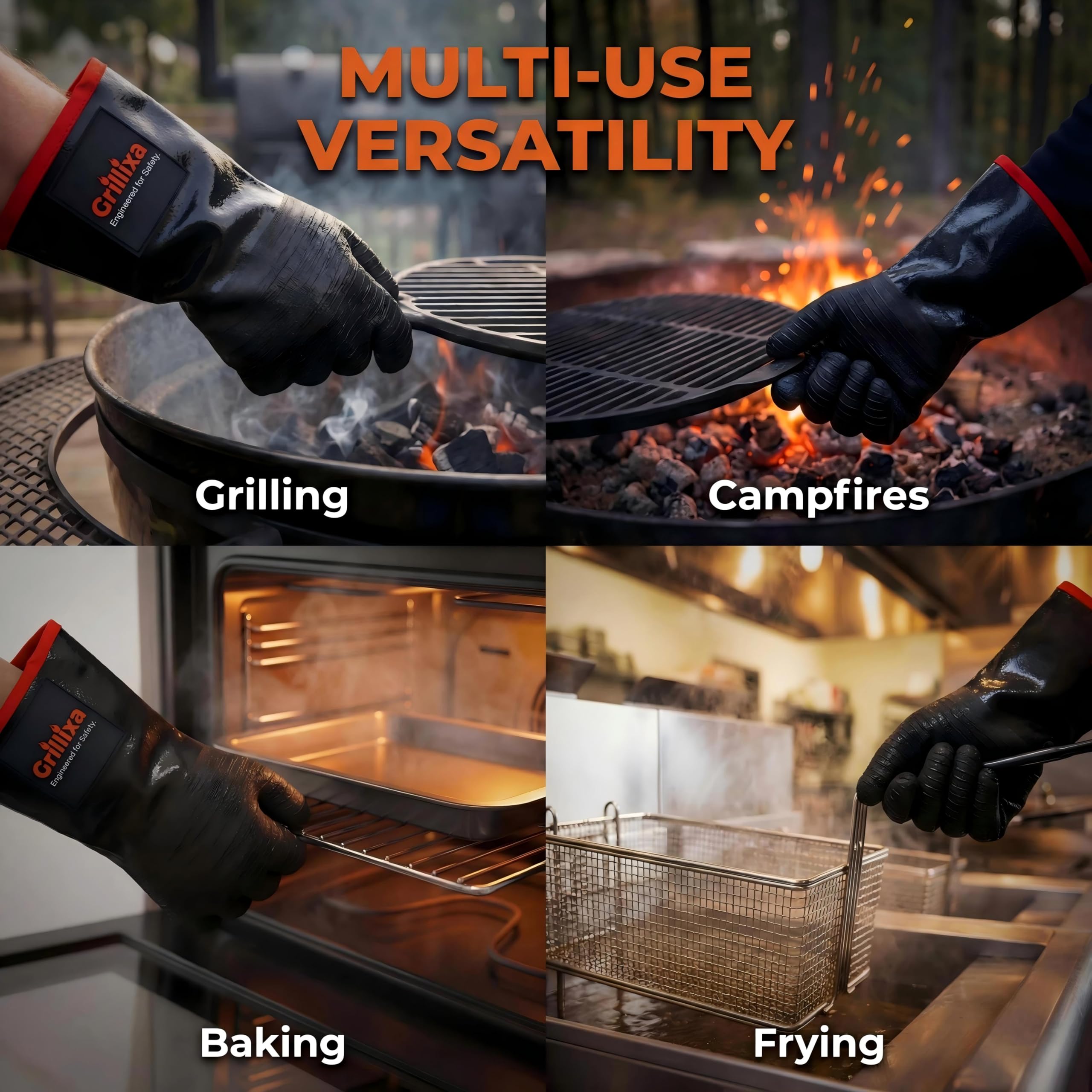 Grillixa versatile gloves suited for oven, smoker, rotisserie, and grill.