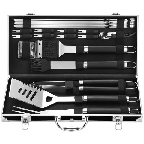 Grilljoy 22-piece BBQ tools set inside a black aluminum case for organized grilling.