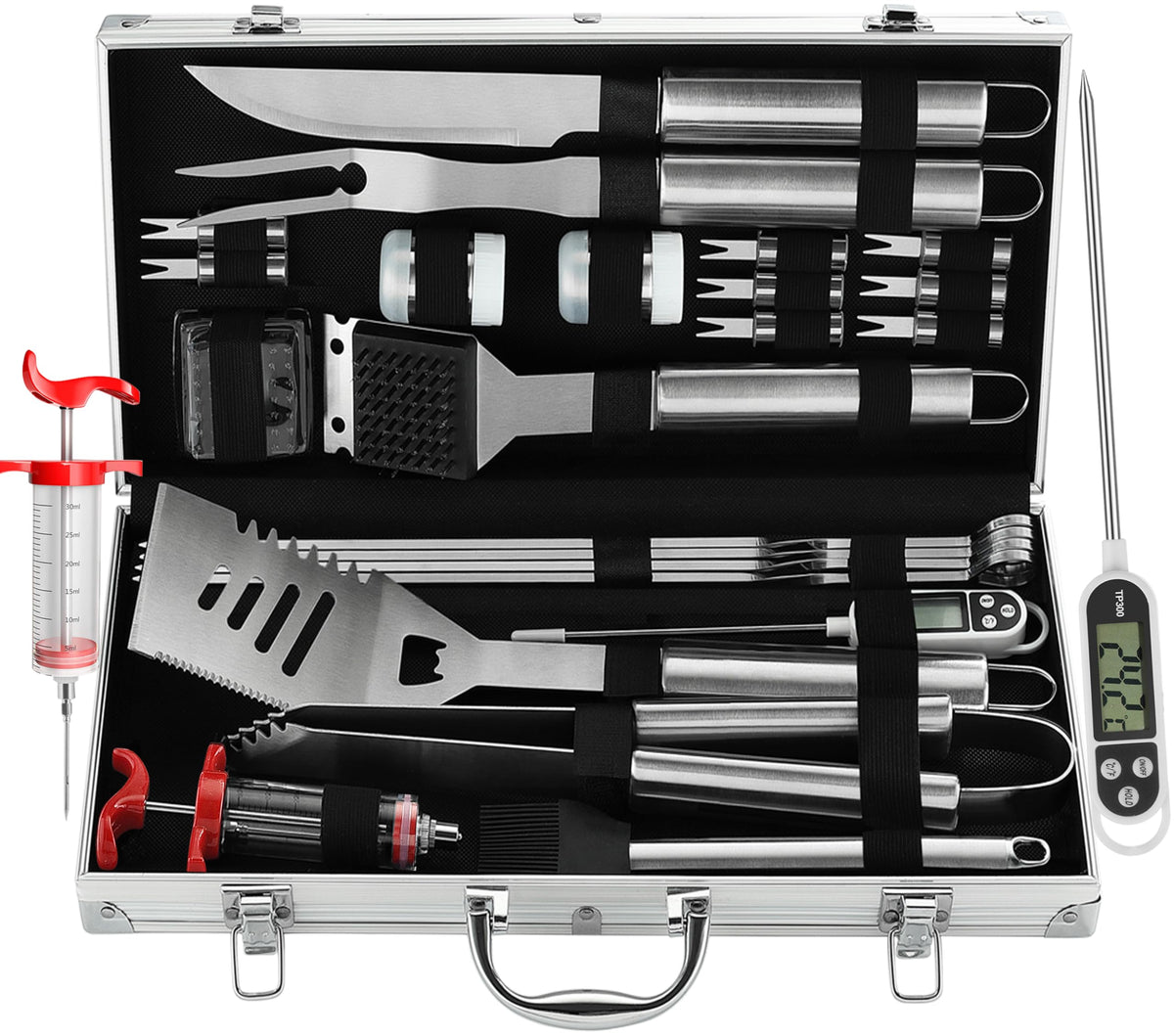 GrillJoy 24pcs BBQ tools set in aluminum case for organized outdoor cooking