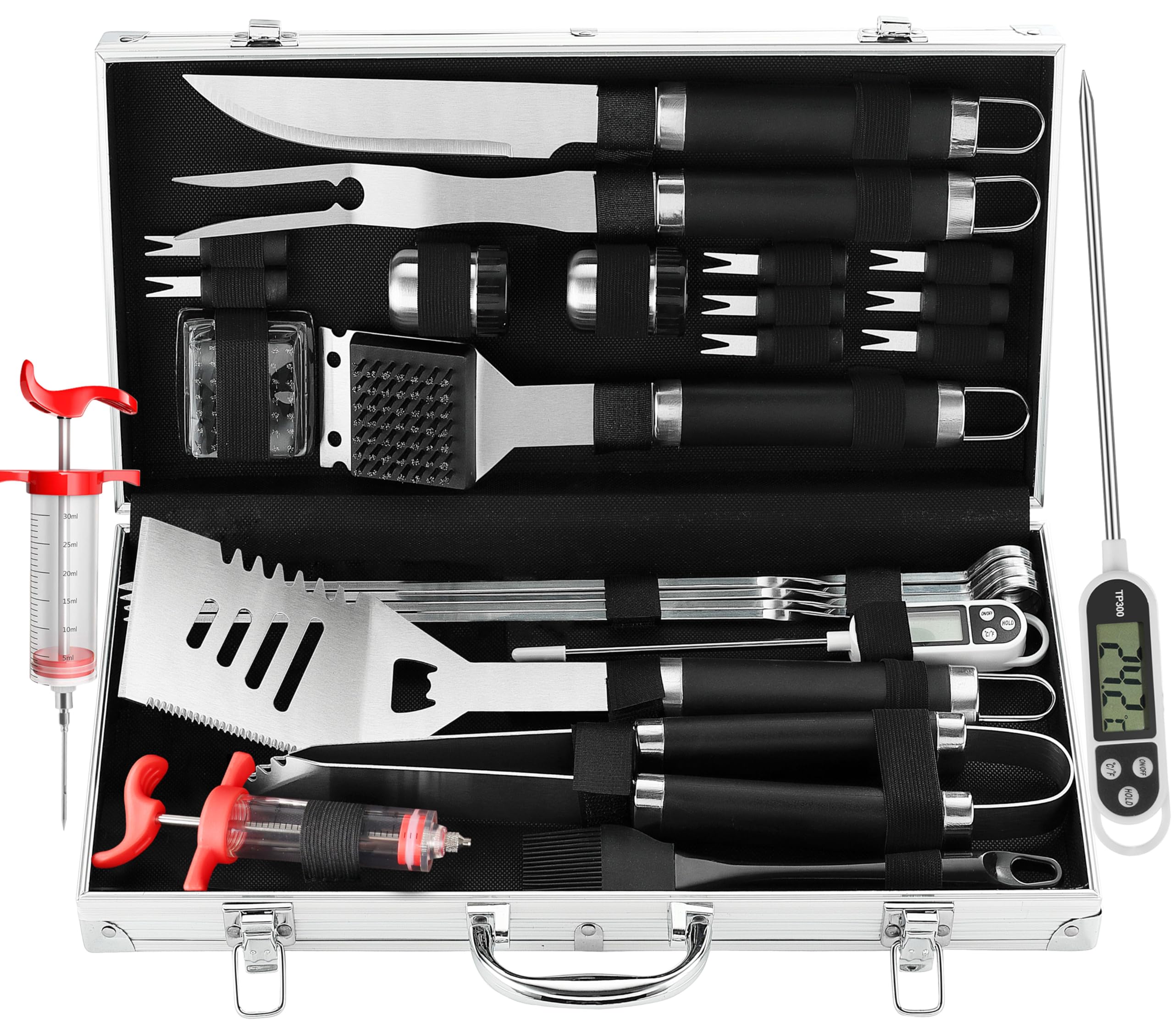 Grilljoy 24PCS BBQ tools set in aluminum case ready for organized outdoor grilling.