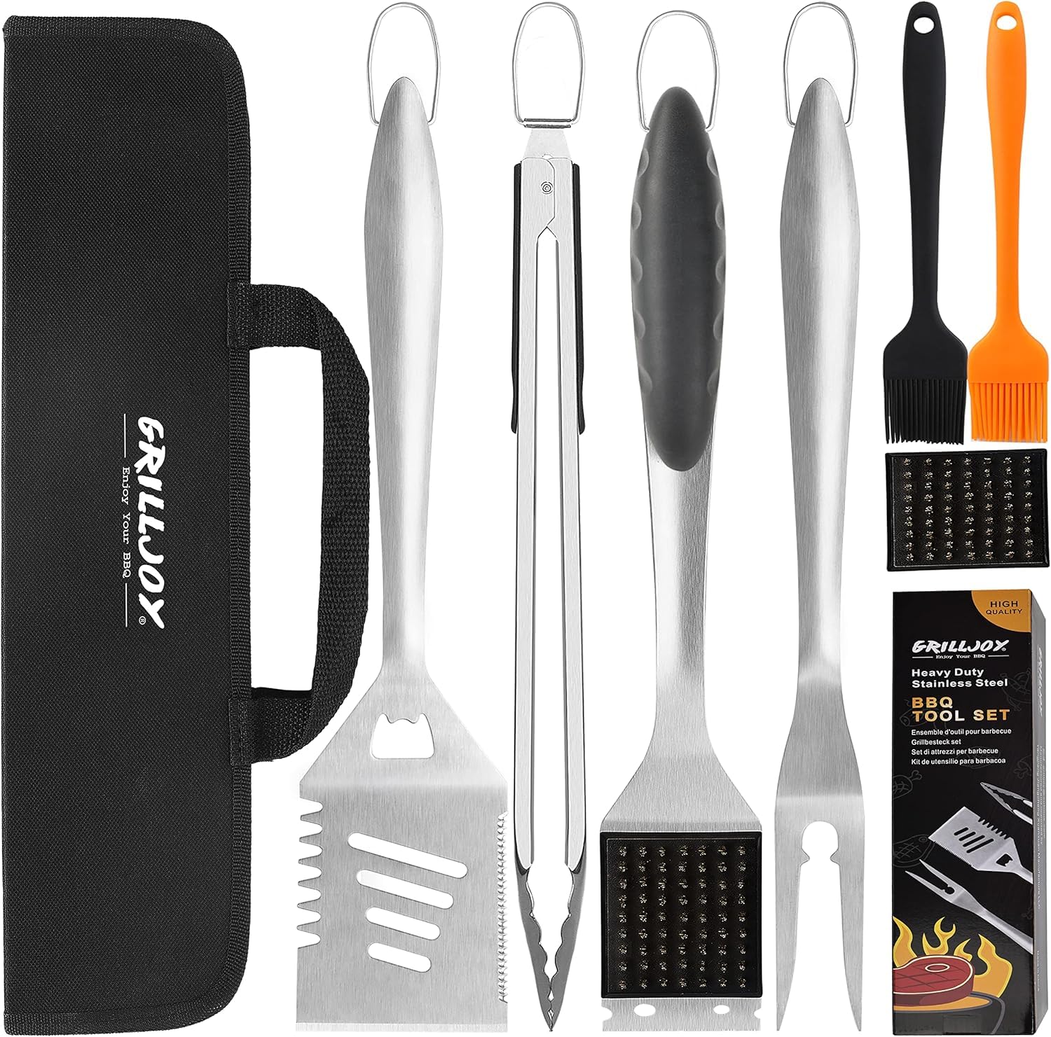Grilljoy 8pcs BBQ tools set with spatula displayed for heavy-duty grilling durability