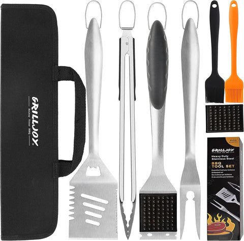 Grilljoy 8pcs BBQ tools set with spatula displayed for heavy-duty grilling durability