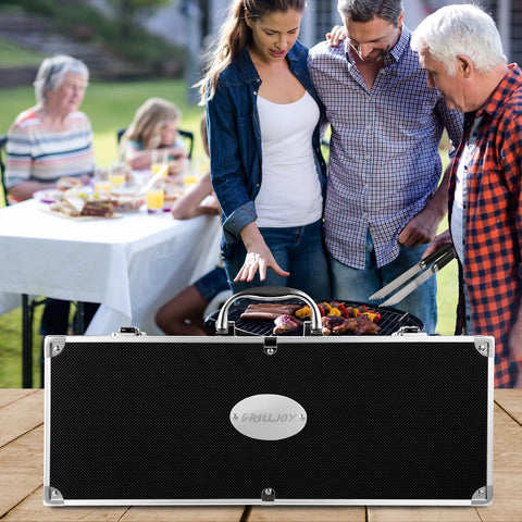 Grilljoy aluminum case with secure straps keeps tools protected during transport.