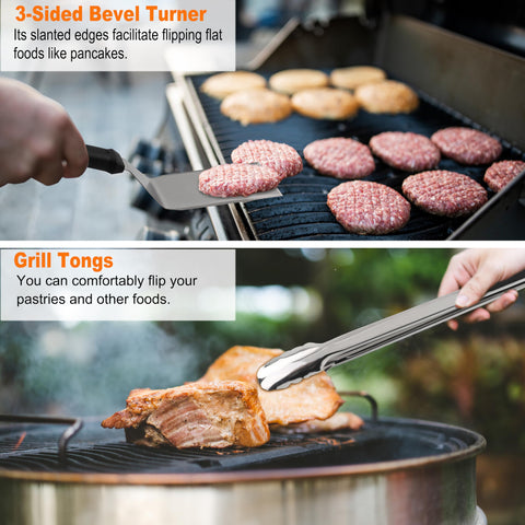 Grilljoy griddle scraper and tongs for easy turning.