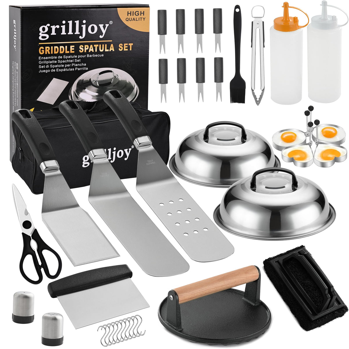 Grilljoy pro griddle kit in carry case for organized outdoor cooking.