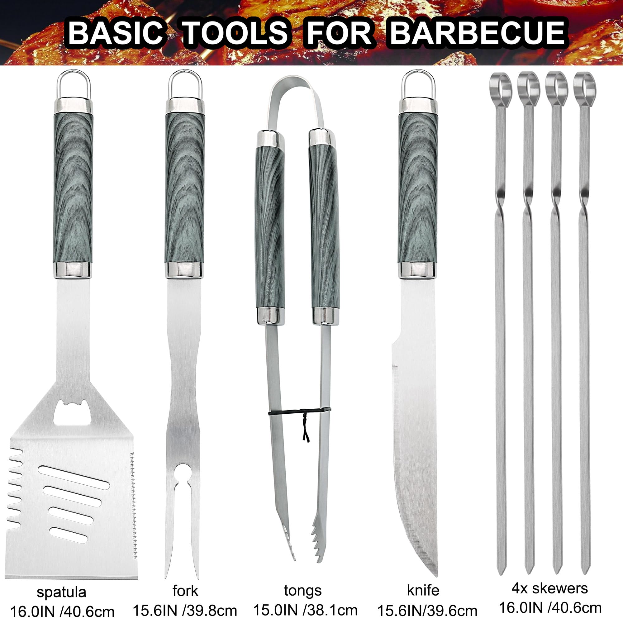 grilljoy stainless steel grill tools close-up showing rust resistance