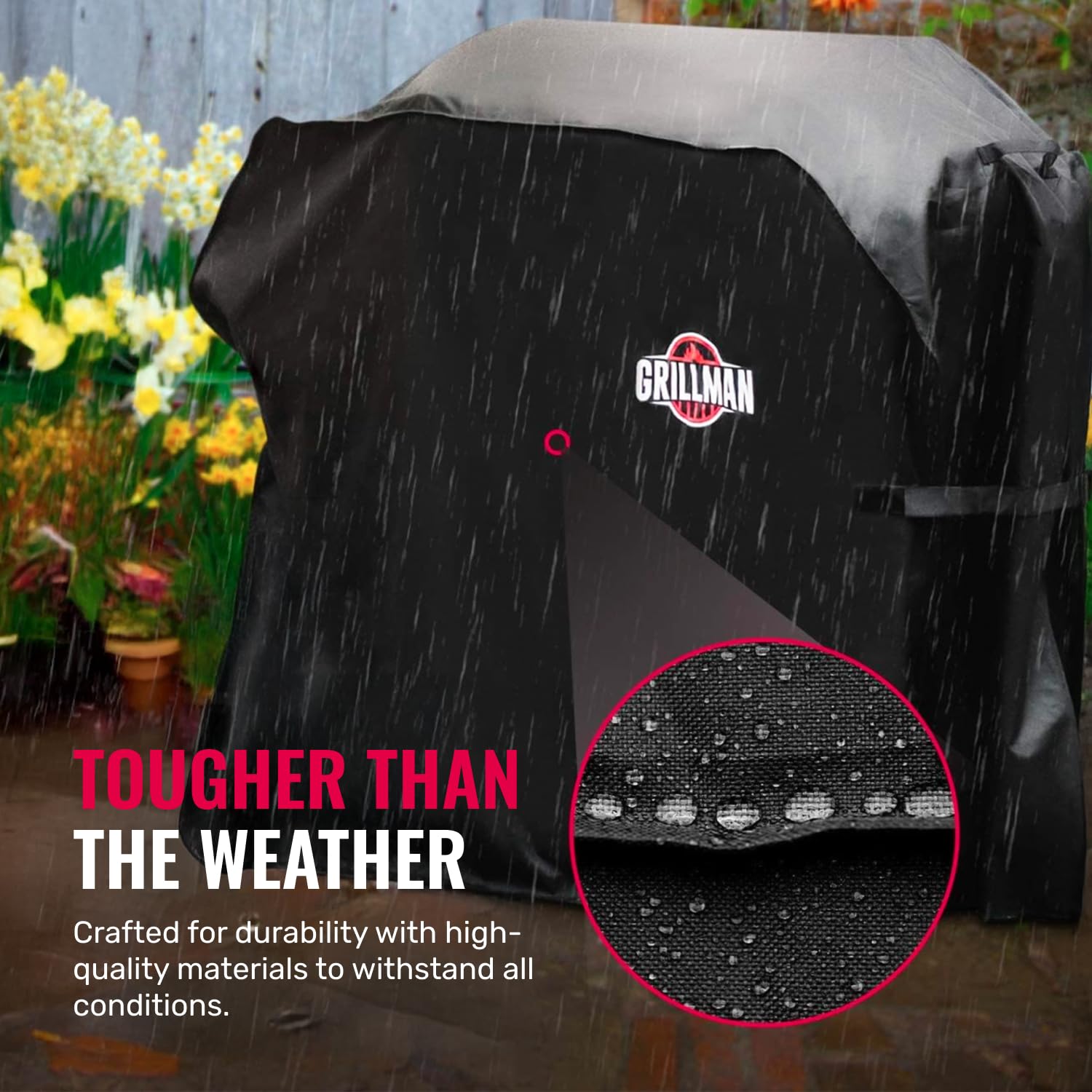 Grillman durable grill cover in a backyard setting shielded from sun and snow