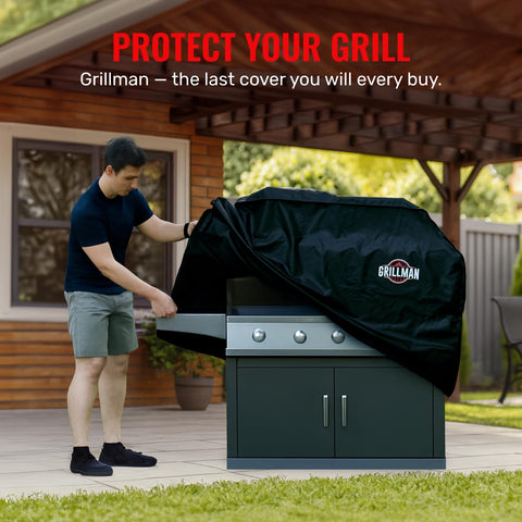 Grillman grill cover with straps for wind resistance and secure fit.