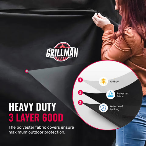 Grillman 72inch cover all-season durability withstands rain, snow, and sun.