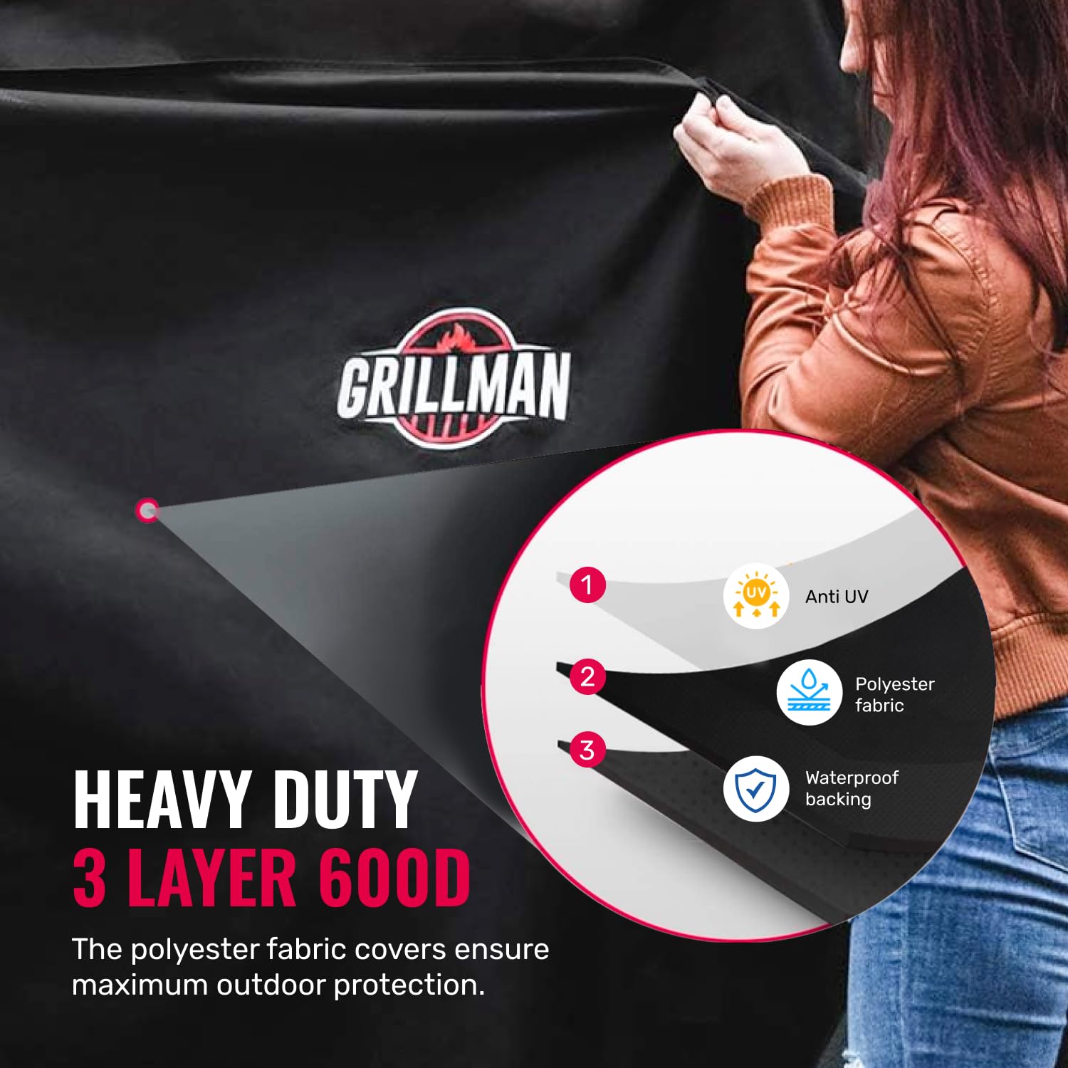 Grillman heavy-duty weather-resistant grill cover on a grill during rain