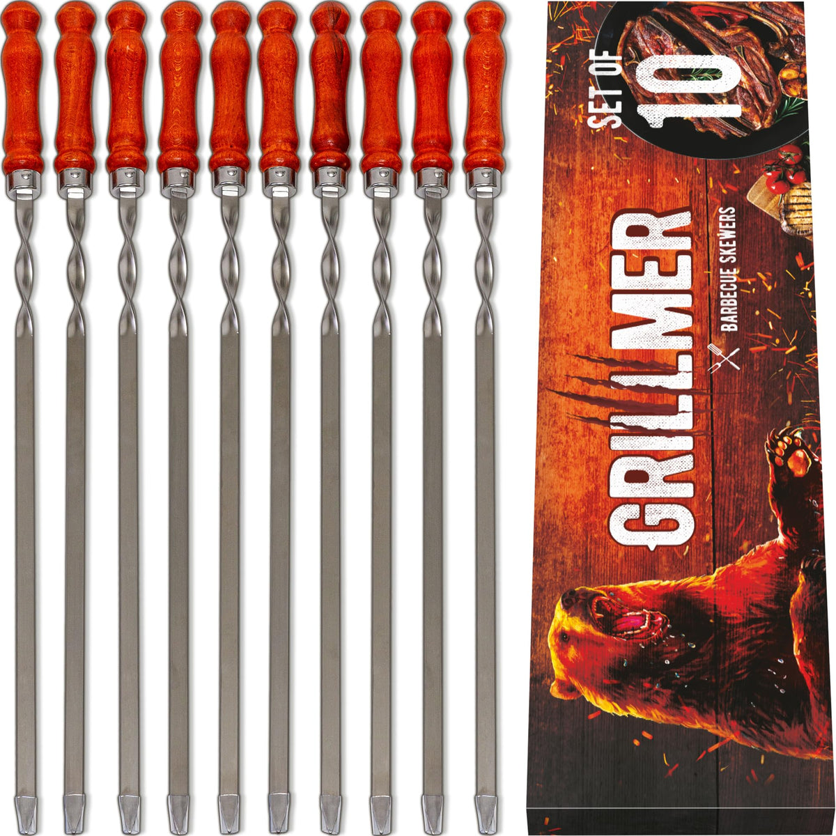 GRILLMER long stainless steel skewers for picanha grilling with even heat.