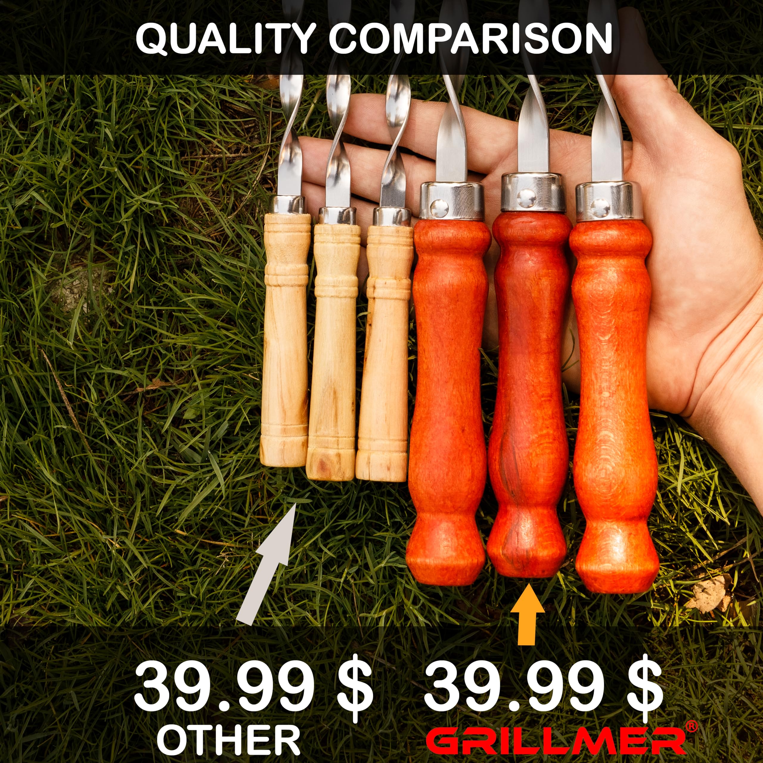 GRILLMER rust-resistant stainless steel skewers for durable reuse.