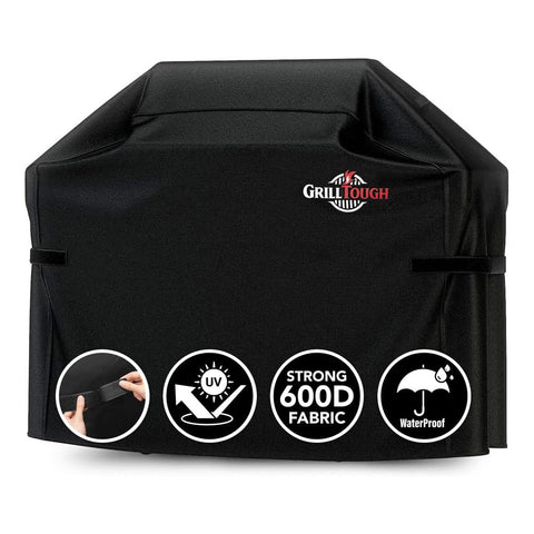 GrillTough 64-inch BBQ cover protecting a gas grill from rain and sun.