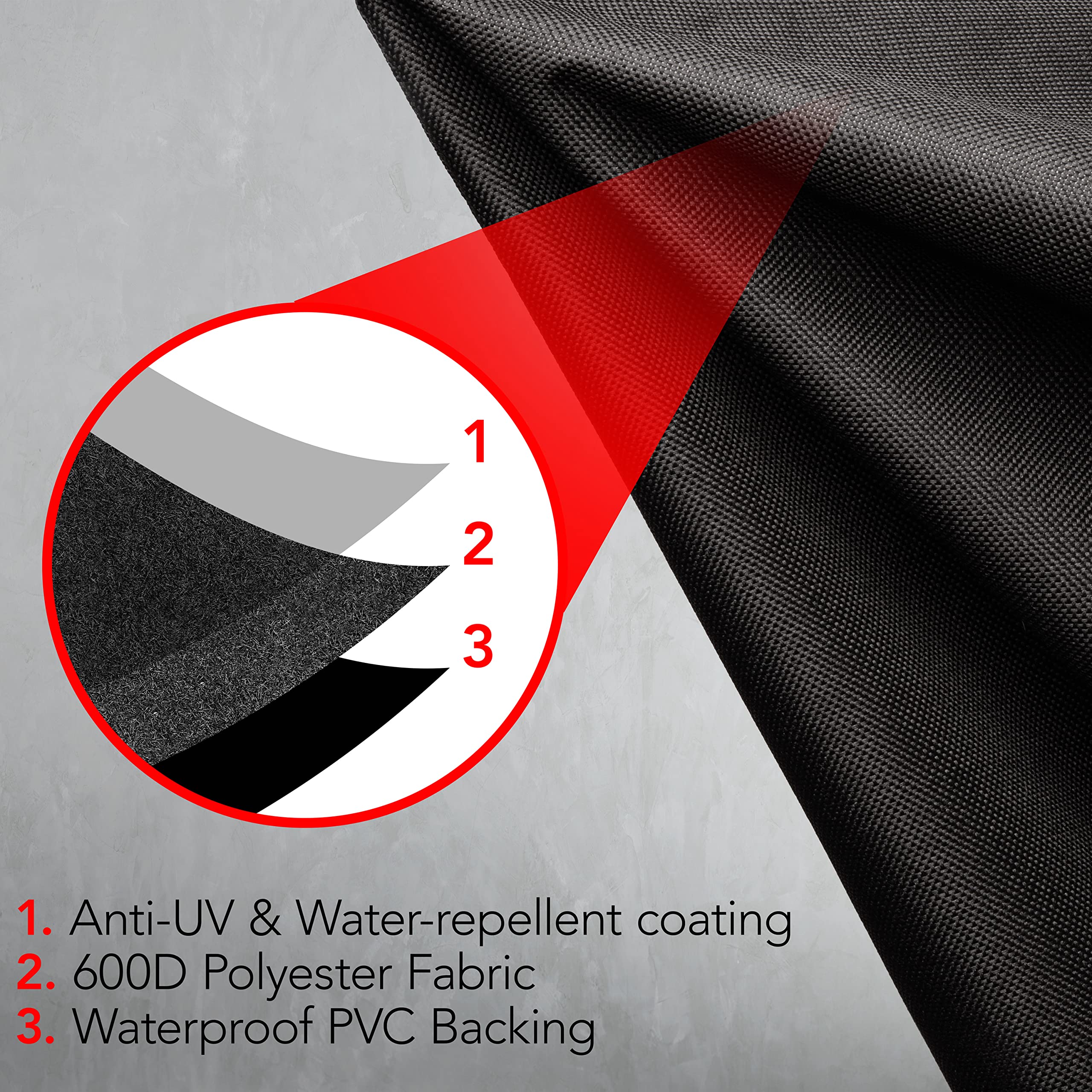 GrillTough adjustable straps keep the cover secure on windy days.