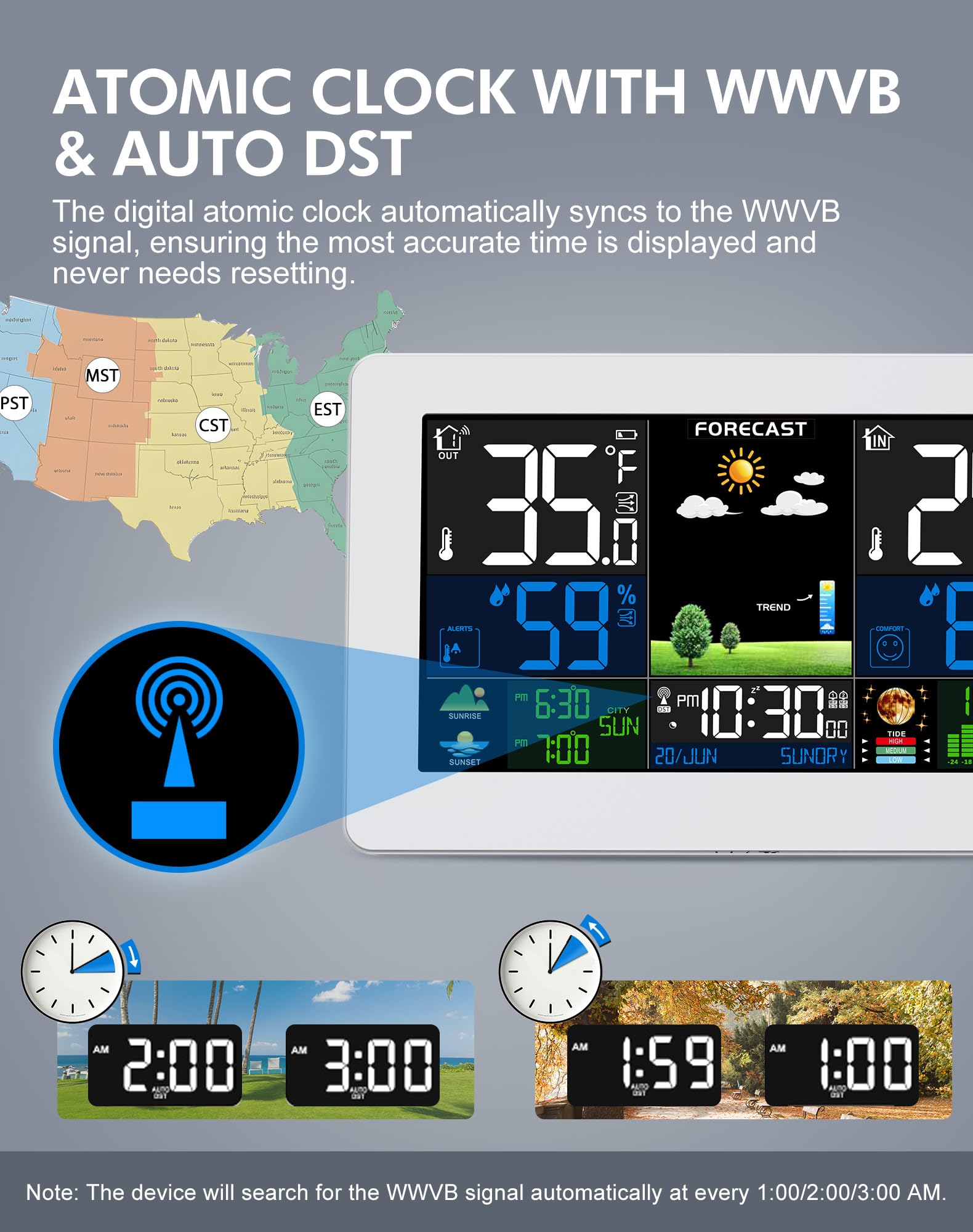 Grilza Weather Station atomic clock syncs with WWVB for accuracy.