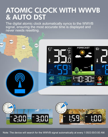 Grilza Weather Station atomic clock syncs with WWVB for accuracy.