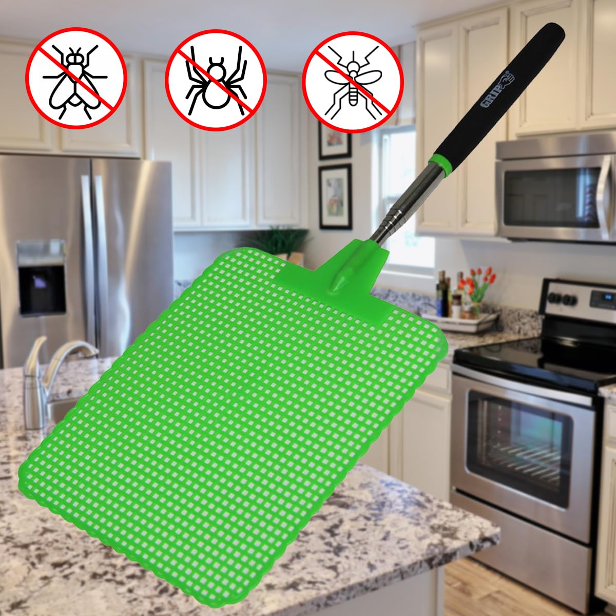 GRIP Grand Rapids fly swatter rubber-handle provides secure, comfortable grip.