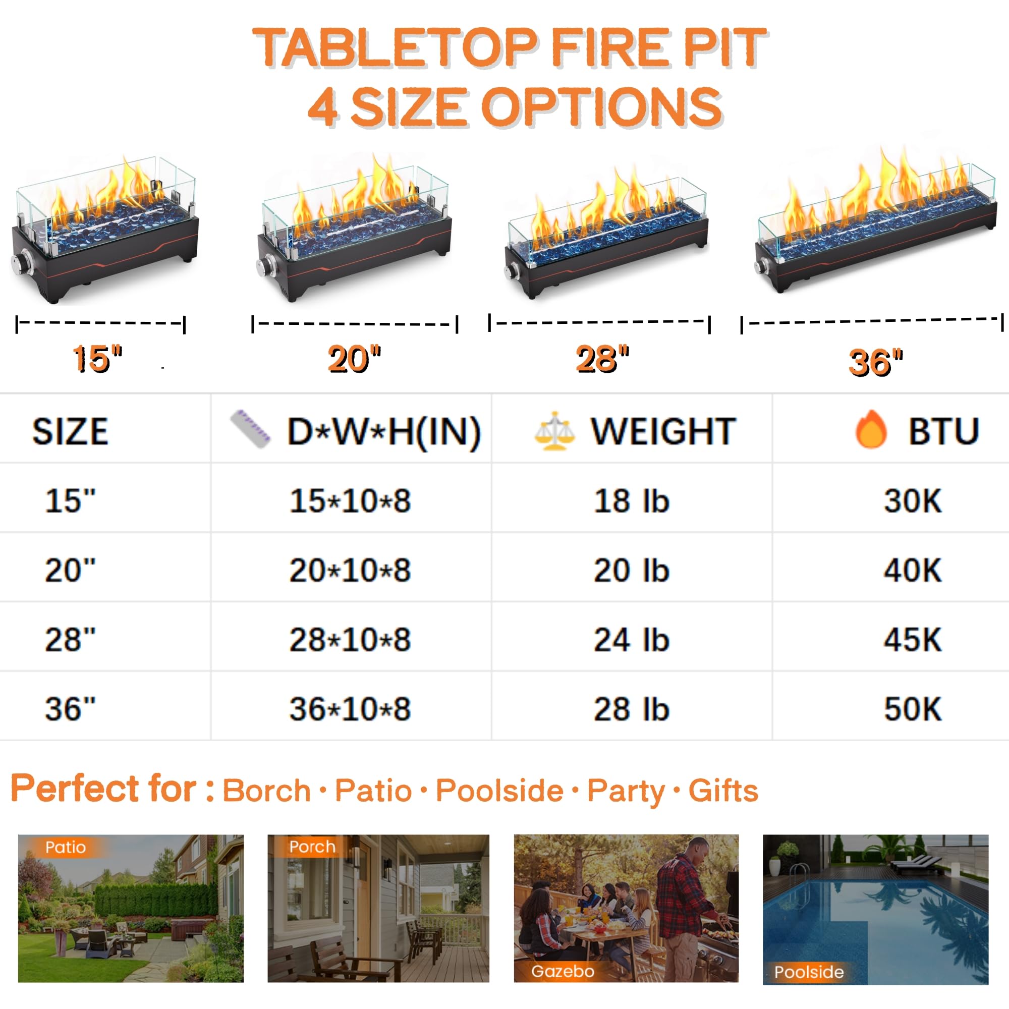 GRISUN 36-inch tabletop fire pit on a dining table creates cozy outdoor meals.