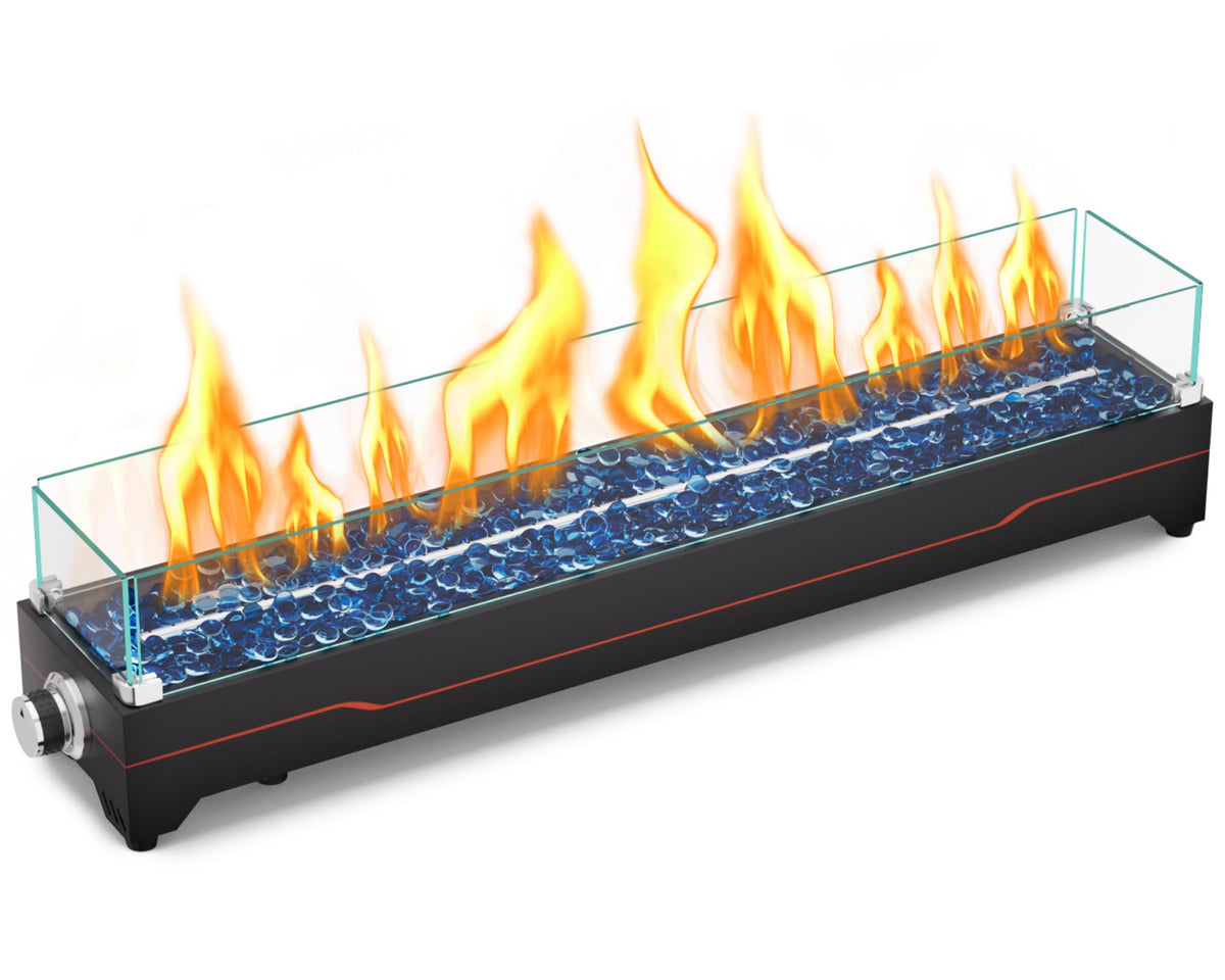 GRISUN 36-inch tabletop fire pit with glass wind guard for dramatic outdoor ambiance.