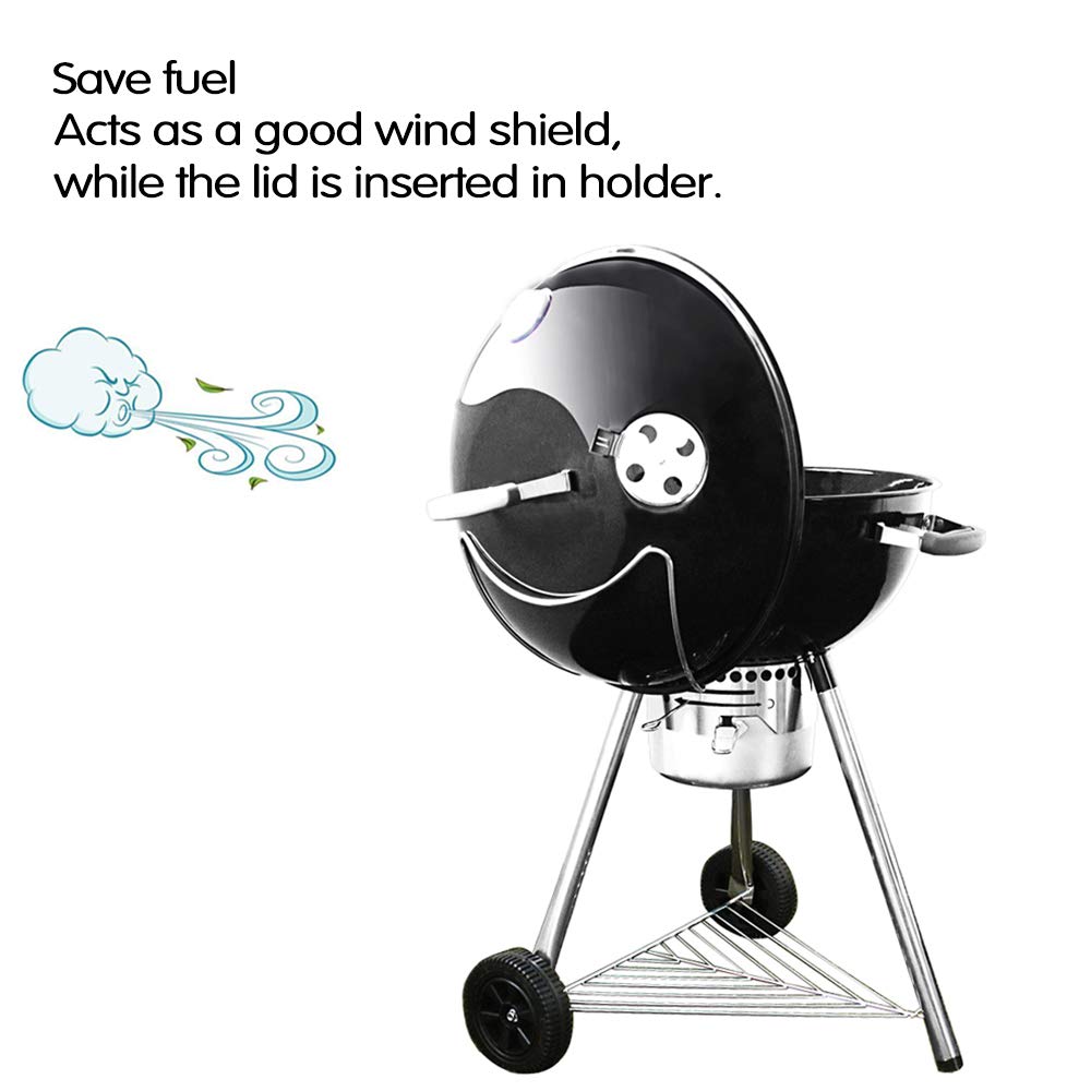 Clip-on GRISUN lid holder attached to grill rim for easy use