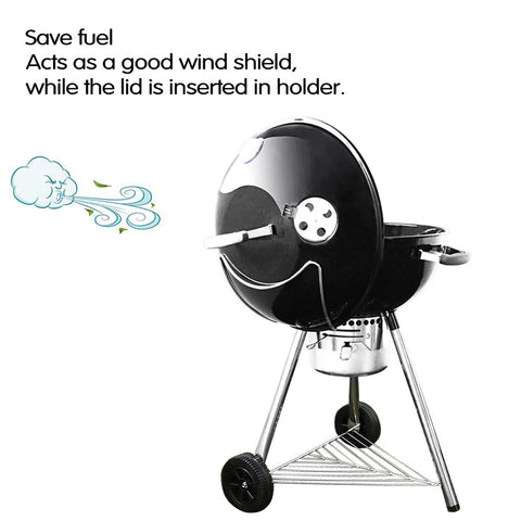 Clip-on GRISUN lid holder attached to grill rim for easy use