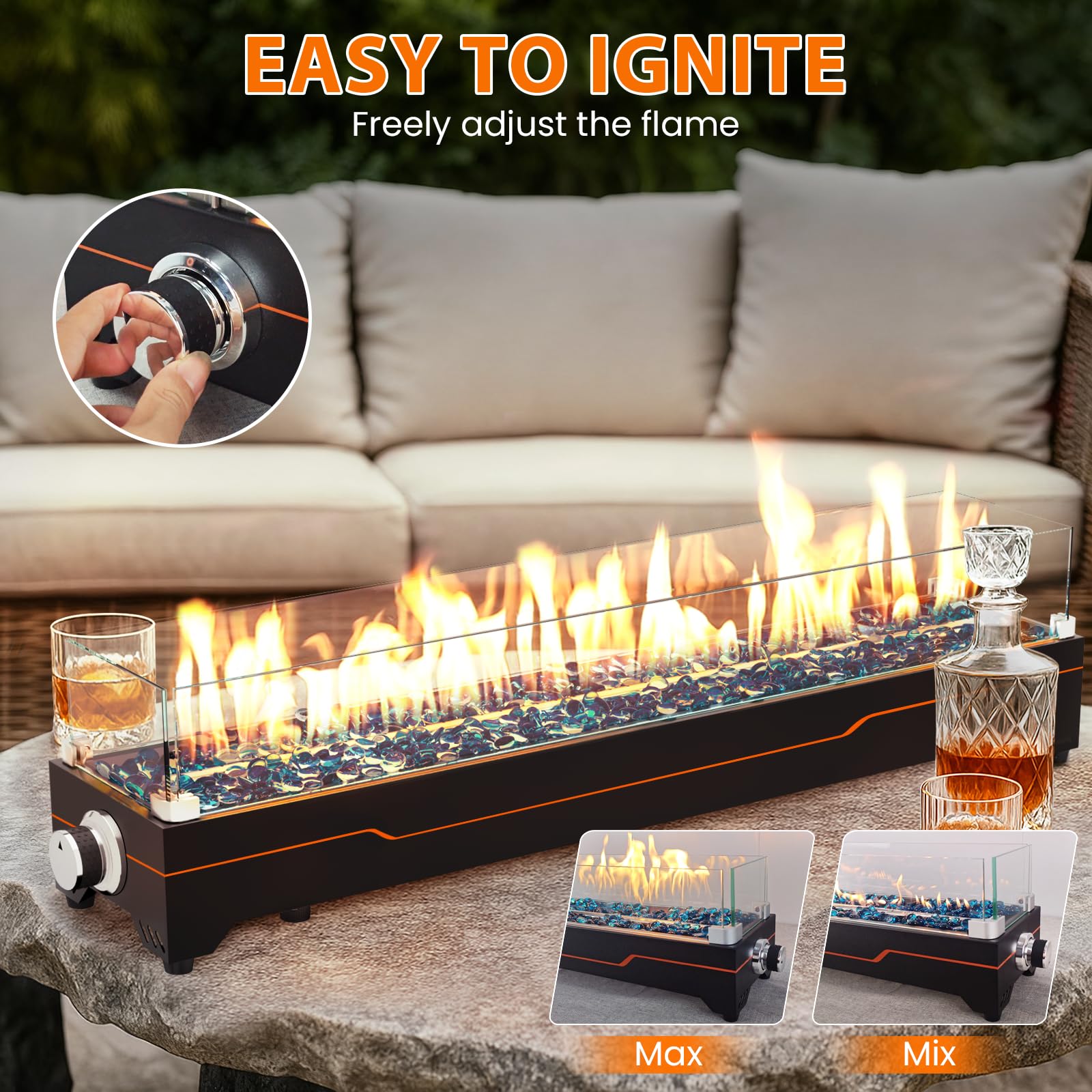 GRISUN fire pit kit includes decorative glass beads for sparkle at night.