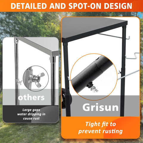 GRISUN side table with six tool hooks keeps tools within reach.