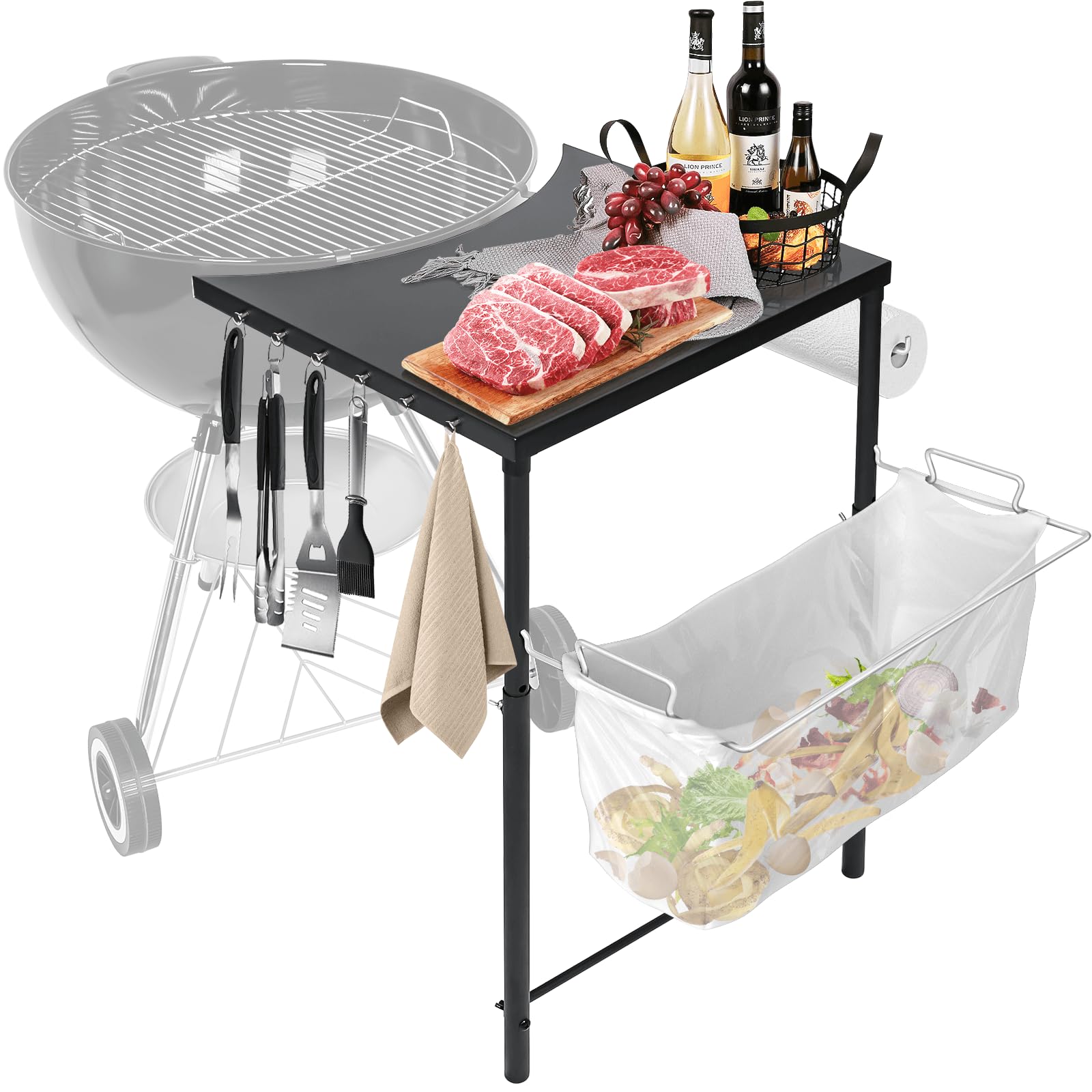 GRISUN grill side table attached to Weber Original Kettle 18-22 inch for extra prep space.
