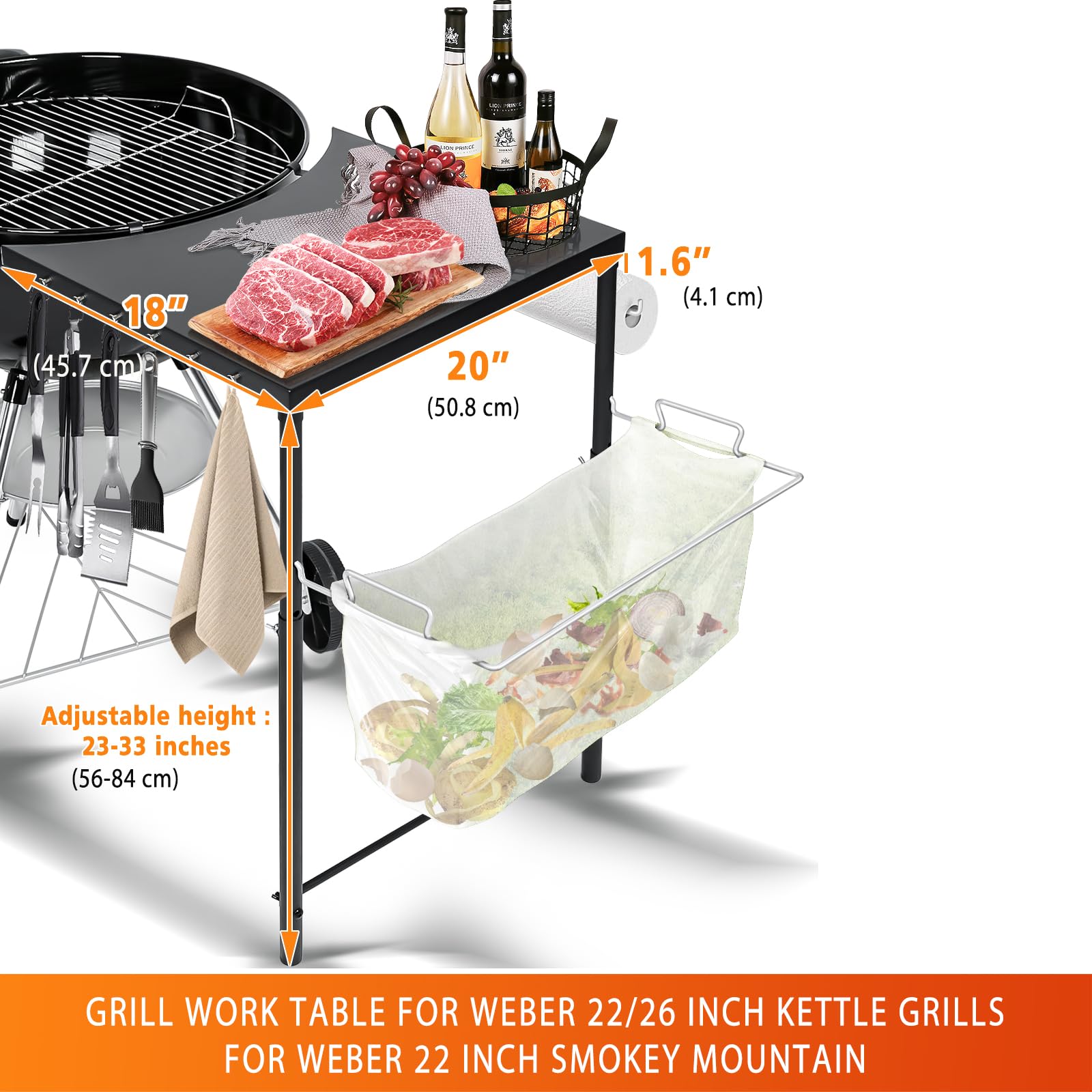 GRISUN grill side table for Weber Kettle 22-26 expands workspace during grilling.