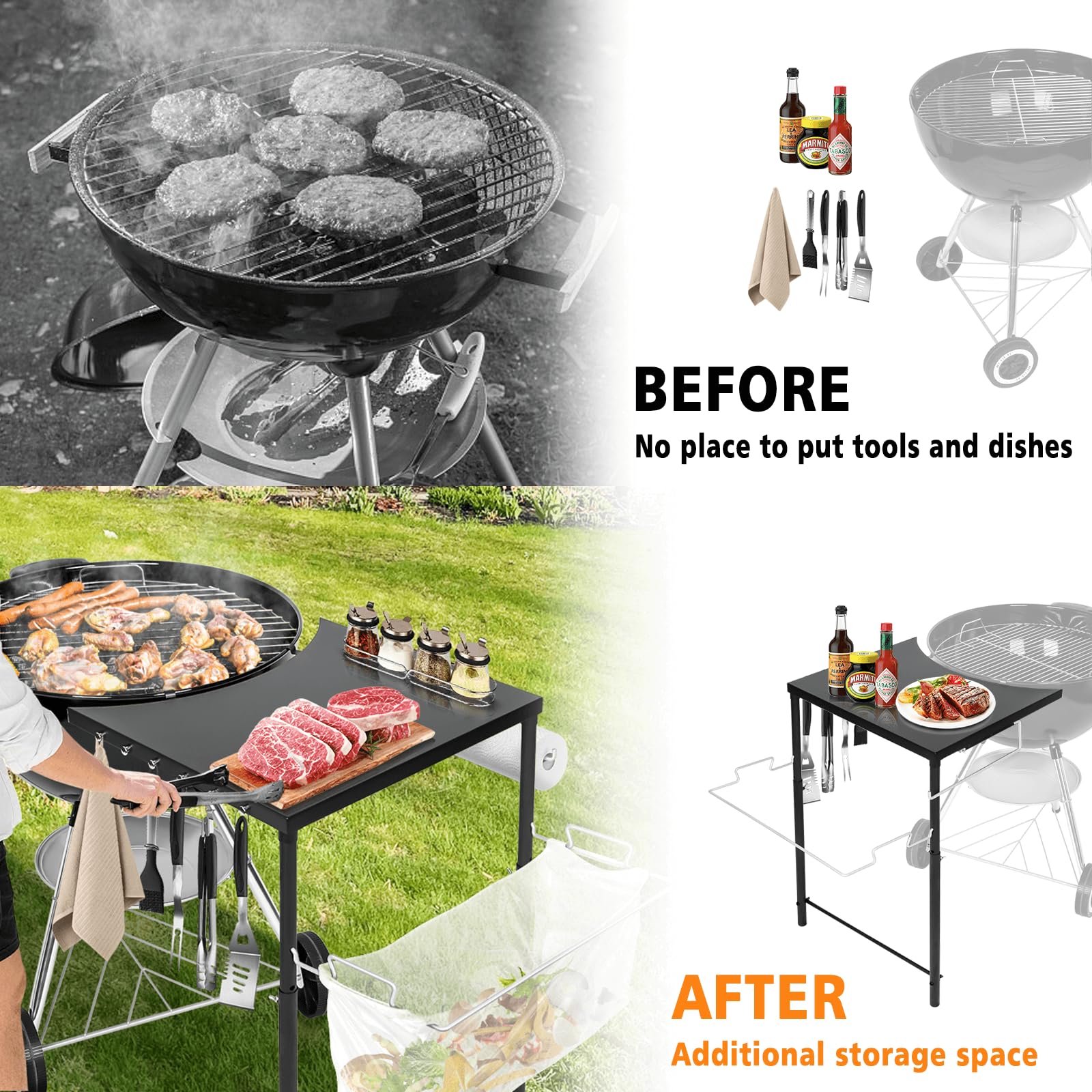 GRISUN grill work table beside Weber Smokey Mountain 22 keeps utensils accessible.