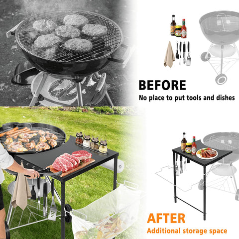 GRISUN grill work table beside Weber Smokey Mountain 22 keeps utensils accessible.