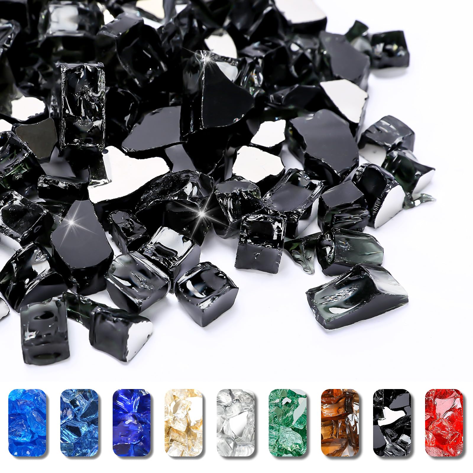 GRISUN Onyx Black fire glass 20lb enhances fire pits with sleek reflective color.